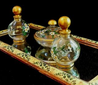 Vtg Glass Hand Painted Vanity Dresser Set Powder Jar Perfume Bottle Mirror Tray