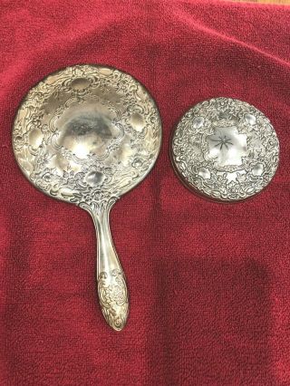 Two Vintage Vanity Silver Plated Hand Held Mirrors Makeup Floral