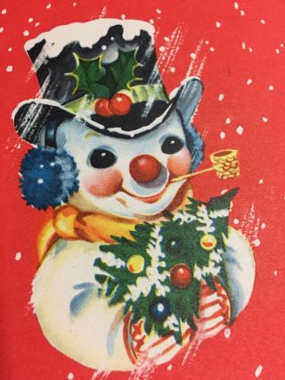 Cute Vintage Snowman Top Hat Ear Muffs Red Christmas Greeting Card