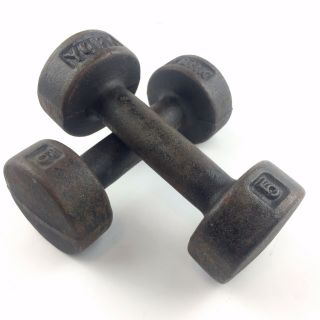 Vintage York Cast Iron Dumbbell Pair 5 Lbs Each Round W/flat Spot Exercise Gym