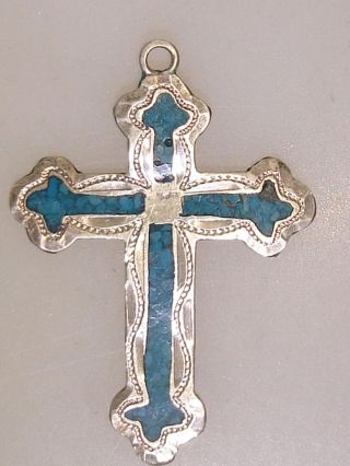 Vintage Mexico Sterling Silver Turquoise Inlay Cross Pendant