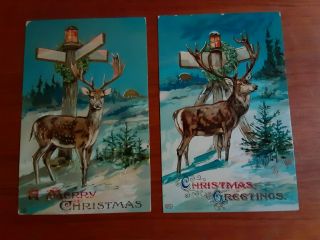 2 Vintage Christmas Postcards Deer With Antlers,  Printed In Germany,  1913