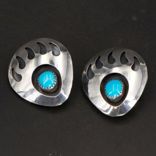 Vtg Sterling Silver - Navajo Turquoise Bear Paw Clip On Earrings - 8.  5g