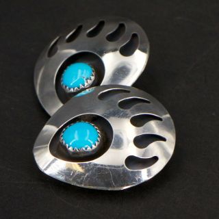 VTG Sterling Silver - NAVAJO Turquoise Bear Paw Clip On Earrings - 8.  5g 2