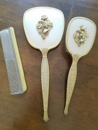 Vintage Antique Gold Finish Hand Mirror Comb & Brush Set Vanity Made In Usa