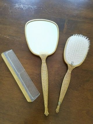 Vintage Antique Gold Finish Hand Mirror Comb & Brush Set Vanity MADE IN USA 2