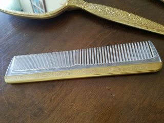 Vintage Antique Gold Finish Hand Mirror Comb & Brush Set Vanity MADE IN USA 3