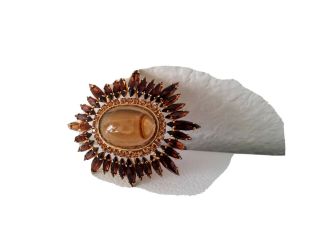 Gorgeous Unsigned Vintage Faux Tigers Eye Cabochon Rhinestone Brooch Pin