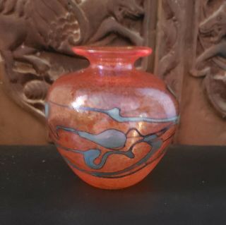 Vintage Robert Held Art Glass Rhag Orange Teal Iridescent Abstract 4 "