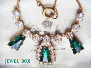 Earlier Vintage Geometric Emerald Crystal Clear Rhinestone Art Deco Necklace