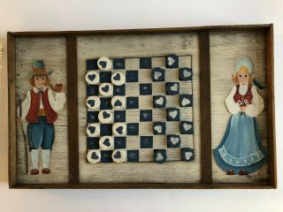 Vintage Dutch Handmade And Painted Wooden Checker Board Game With Checkers