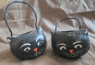 2 Vintage Paper Mache Halloween Black Cat Candy Containers