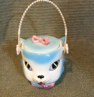 Vintage Japan Relco Wicker Handled Cat Head Cookie Biscuit Jar Lidded Ceramic