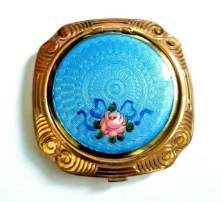 Vintage Art Deco Evans Gold Engine Turned & Blue Guilloche Vanity Compact.  See