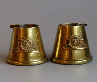 Pair Vintage Ww1/ww2 Brass Trench Art Fuse Cap Ashtrays Artillery Cannon Badges