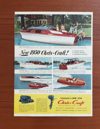 Vintage 1950 Chris Craft Boat Cabin Cruiser Full Line Print Ad