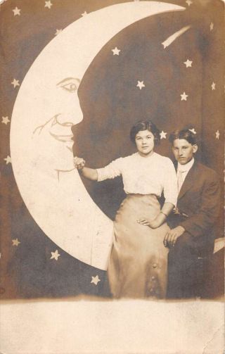 Paper Moon Couple Studio Real Photo Vintage Postcard Aa18248