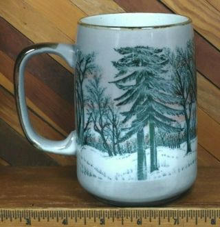 Vintage Otagiri Winter Forest Scene Snow Trees Hand - Painted Coffee Mug Cup
