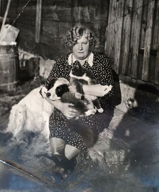 1930’s Vintage Photo Lady Holds Her Beloved Pets Dog And Cat