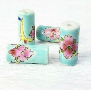 Vtg Aqua Famille Rose Chinese Porcelain Tube Beads 4pc