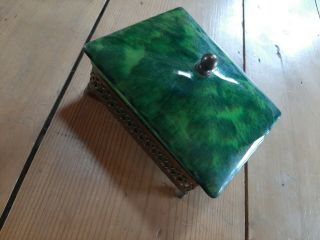 Vintage Emerald Green Porcelain and Brass Trinket Jewelry Box ART DECO 2