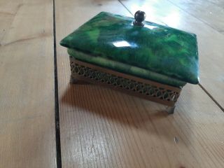 Vintage Emerald Green Porcelain and Brass Trinket Jewelry Box ART DECO 3