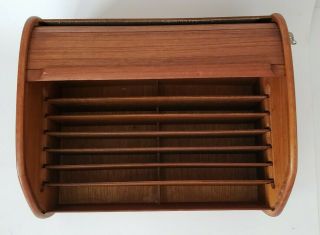 Vintage Mid Century Danish Teak Tech Roll Top Wood Desk Top File Box W/lock Euc