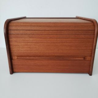 Vintage Mid Century Danish Teak Tech Roll top Wood Desk Top File Box w/Lock EUC 2