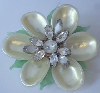 Vintage High End Faux Pearl Art Glass Rhinestone Flower Brooch