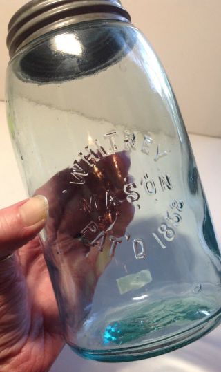 Vintage Aqua Whitney Mason Patent Quart Canning/ Fruit Jar W/ Zinc Lid