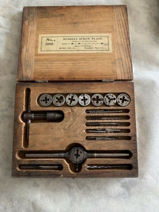 Vintage Russell Mfg Co No.  306 Screw Plate Tap & Die Set Wood Box