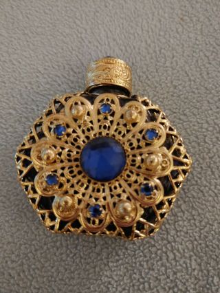 Vintage Czech Filigree Gold Tone Blue Glass Perfume Bottle