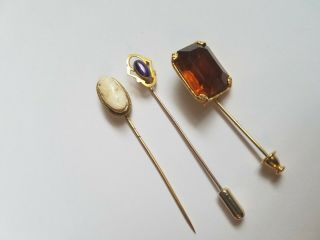 3 Hat Pins Stick Lapel Cameo Purple Amber Rhinestone Gold Tone Antique Victorian
