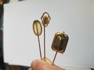 3 HAT PINS stick lapel CAMEO purple Amber rhinestone gold tone antique victorian 3