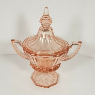 Vintage Pink Depression Glass Lidded Sugar Bowl Dish Double Handle 6.  5 "