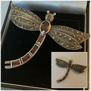 Vintage Jewellery 925 Sterling Silver Marcasite Red Stone Dragonfly Brooch Pin