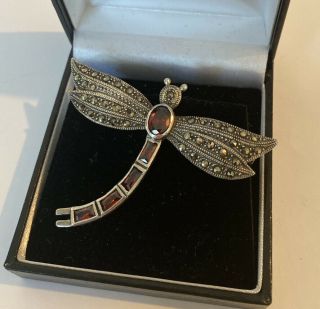 Vintage Jewellery 925 Sterling Silver Marcasite Red Stone Dragonfly Brooch Pin 2