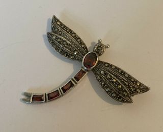 Vintage Jewellery 925 Sterling Silver Marcasite Red Stone Dragonfly Brooch Pin 3