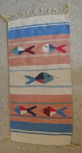Vintage Wool Handmade Woven Rug Stripe Fish Beach 41 " X 20 " Wall Boho Pink Blue