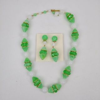 Vintage West Germany Costume Jewelry Set Necklace Clip - On Earrings Green Beads