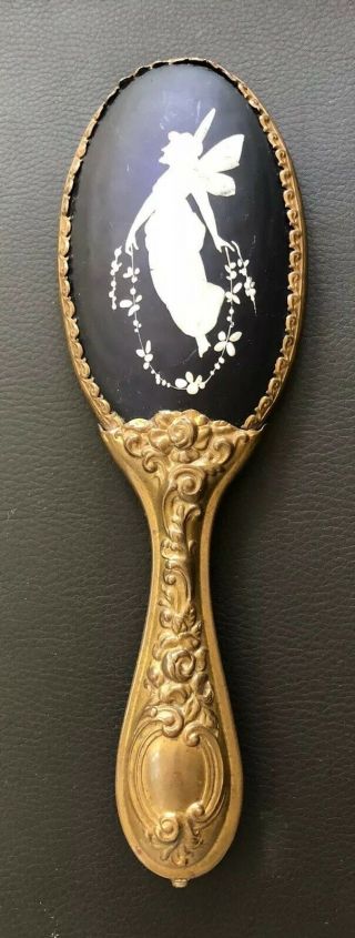 Antique French Limoges Pate Sur Pate Plaque On Hand Held Mirror Brass Repousse
