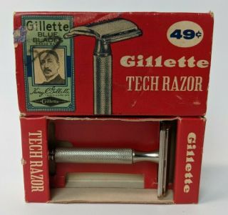 Vintage D1 Gillette Tech Safety Razor Ball End 3 Piece W Box 1958