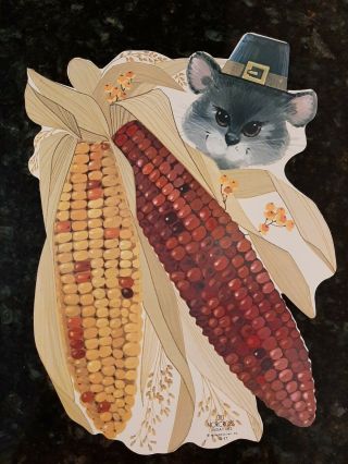 Vintage Norcross Thanksgiving Fall Indian Corn Mouse In Pilgrim Hat Die Cut