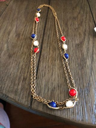 Vintage Gold Tone Chain Necklace With Red,  White & Blue Plastic Beads,  Unmarked