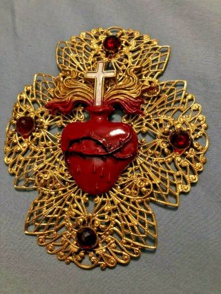 Stunning Vintage Gold Filigree & Red Rhinestone Sacred Heart Brooch Plaque