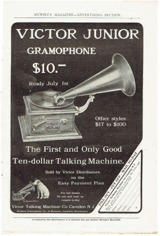 Vintage,  1906 - Victor Junior Gramophone Advertisement - Phonograph