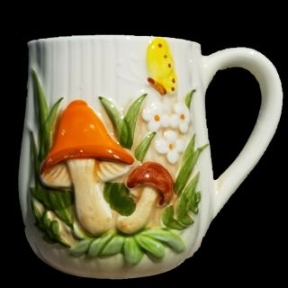 Vintage Mushroom Coffee Mug Cup Kimco Japan Butterfly Flower Ceramic 70s Kitchen