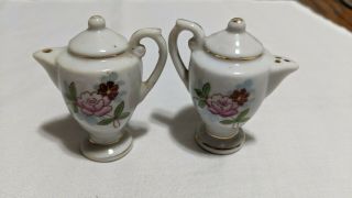 Vintage Japan White Coffee Tea Pots With Flowers Salt And Pepper Shakers