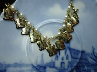Vintage Petite Gold Tone Faux Pearl Ten Commandments Charm Cross 6 1/2 " Bracelet