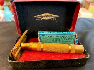 Vintage Gillette Razor Gold Color Case With Blade Box